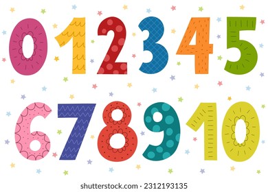 Cute numbers collection for kids. Set of colorful numbers in cartoon style. Educational clipart. One, two, three, four and others. Vector illustration