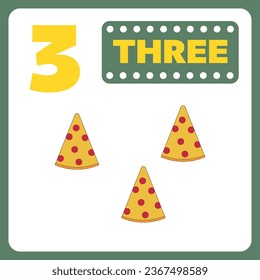 Cute numbers flashcard. Number 3. Educational design for preschool or kindergarten kids.