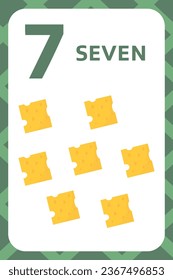 Cute numbers flashcard. Number 7. Educational design for preschool or kindergarten kids.