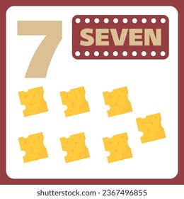 Cute numbers flashcard. Number 7. Educational design for preschool or kindergarten kids.