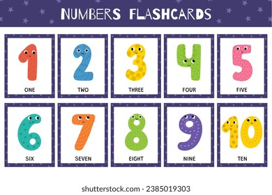 Cute numbers flashcards collection. Flash cards for practicing reading skills. Learning numbers for preschool. One, two, three and more. Vector illustration