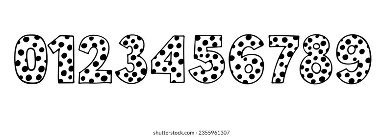 Cute numbers. Hand drown vector figures with polka dot. Design for kid, child party decor, logo, sticker, greeting card, shirt print. Happy birthday anniversary celebration Template. All numbers