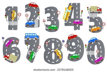 Cute numbers with highway roads and cars vehicle childish educational design to learn counting and mathematics. Set of funny colorful numerals for preschool children studying vector illustration