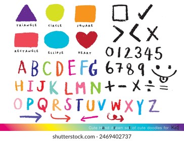 Cute Numbers and mathematical signs, pencil crayon, children's colourings,vector, set, illustration,Crayon hand drawn circle, square, triangular design element set. 