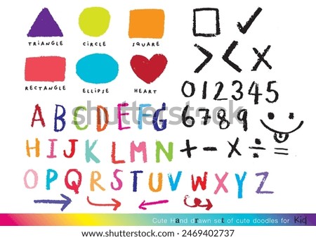 Cute Numbers and mathematical signs, pencil crayon, children's colourings,vector, set, illustration,Crayon hand drawn circle, square, triangular design element set. 