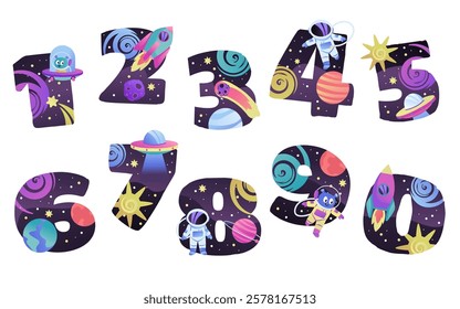 Cute numbers typography set with space cosmic design for preschool children kindergarten education. Galaxy numerals collection for mathematic learning, counting game exercise vector illustration