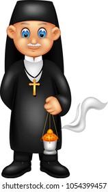 cute nun cartoon standing bring lamp with smile