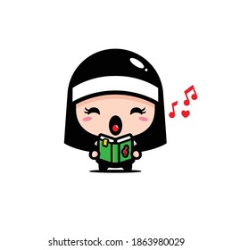 cute nun design holding music book and singing