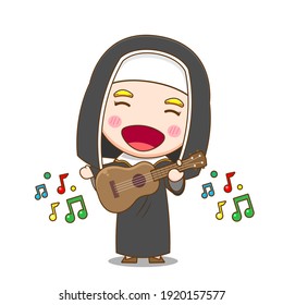 Cute nun playing guitar character vector design illustration