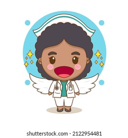 Cute nurse as an angel with wings chibi cartoon character