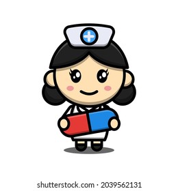 Cute Nurse Cartoon Character With Capsule Illustration Vector Graphic