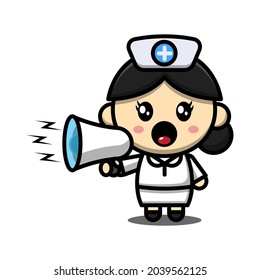 Cute Nurse Cartoon Character With Megaphone Illustration Vector Graphic