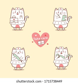 cute nurse cat cartoon hand drawn with elements.collection