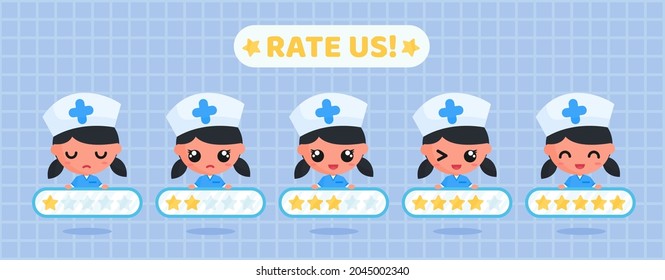 Cute Nurse Character Holding Star Rating Icon Board. Suitable For Customer Satisfaction Survey, Medical Service Review, Health Service Feedback And Hospital Review Stickers