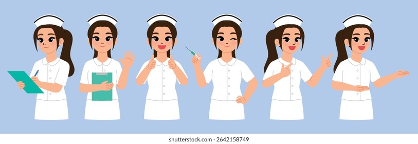 cute nurse character with white uniform presenting gesture, smile female hospital staff writing on clipboard, waving hand, hold clipboard, hold syringe, pointing finger up illustration 