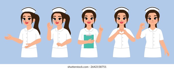 cute nurse character with white uniform presenting gesture, smile female hospital staff presenting telling, hold clipboard, index finger up, make heart hand, love sign, ok hand illustration 