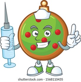 Cute nurse christmas ball character cartoon style with syringe.