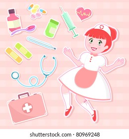 cute nurse with collection of first aid items