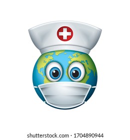 Cute nurse emoticon wearing hat - Earth emoji - isolated vector illustration