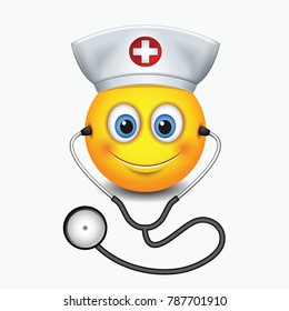 Cute nurse emoticon wearing hat and stethoscope - emoji, smiley - isolated vector illustration