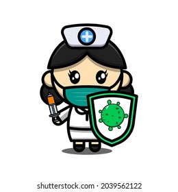 cute nurse fighting the virus with shield and injection illustration vector graphic