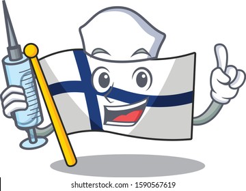 Cute Nurse flag finland character cartoon style with syringe