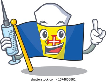 Cute Nurse flag madeira character cartoon style with syringe