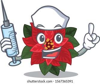 Cute Nurse flower poinsettia character cartoon style with syringe
