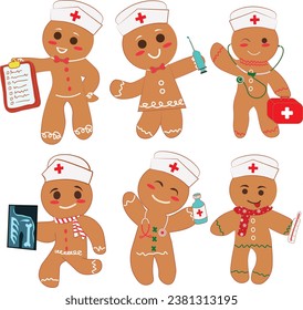 Enfermera Cuidada Gingerbread Navidad Nochebuena Enfermera Nicu, Vector Doctor Gingerbread