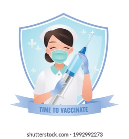 Cute nurse holding a huge syringe. Time to vaccinate for covid-19 concept. 