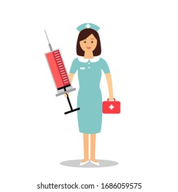 Cute nurse holding injection syringe and medical box. Nurse character in flat design concept vector illustration on white background.