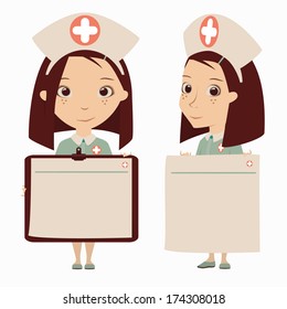 A cute nurse holding a medical sign and a notepad