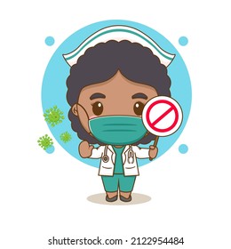 Cute nurse holding stop sign chibi cartoon character