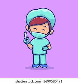 Cute Nurse With Injection Vector Icon Illustration. Corona Mascot Cartoon Character. Person Icon Concept White Isolated. Flat Cartoon Style Suitable for Web Landing Page, Banner, Flyer, Sticker, Card