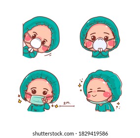 Cute nurse made a praying hands and greeting isolated on white background with character design.