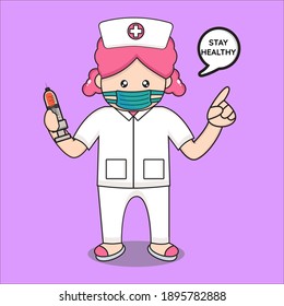 cute nurse mascot with injection, cartoon nurse character with vector design eps 10