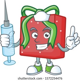 Cute Nurse red gift box character cartoon style with syringe