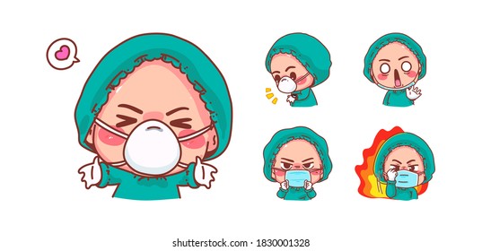 Cute nurse shocked and fight isolated on white background with character design.