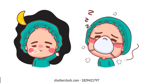 Cute nurse sleepy and yawning isolated on white background with character design.