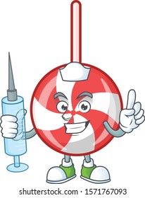 Cute Nurse striped peppermint candy character cartoon style with syringe