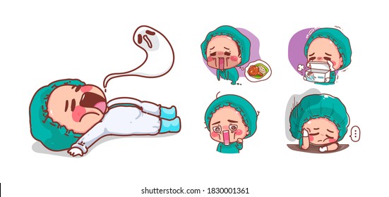 Cute nurse tired and exhaustion isolated on white background with character design.