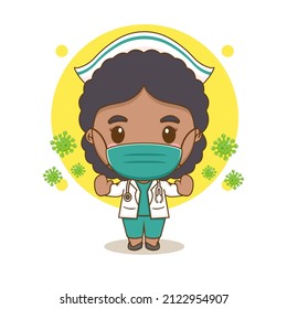 Cute nurse wearing  a mask protect from virus chibi cartoon character