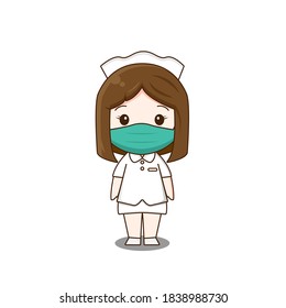 Cute Nurse wearing mask. Vector illustration of chibi character isolated on white background.