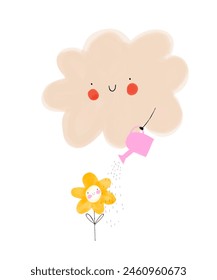 Cute Nurser Art with Hand Drawn Cloud and Flower. Happy Cloud with a Pink Watering Can, Watering a Small Smiling Flower on a White Background. Infantile Style Drawing ideal for Kids' Room Decoration.