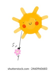 Cute Nursery Art with a Hand Drawn Sun Patting a Tiny Flower. Lovely Print for Children. Happy Sun and Smiling Flower on a White Background. Infantile Style Drawing ideal for Kids' Room Decoration.RGB