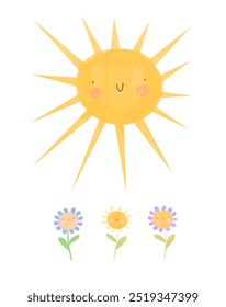 Arte de berçário bonito com um sol desenhado à mão brilhando em flores. Impressa adorável para crianças. Sol feliz e flores sorridentes em um fundo branco. Desenho de Estilo Infantil para Decoração de Quarto de Crianças. RGB
