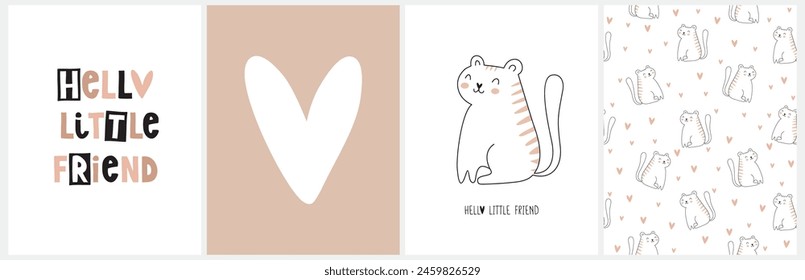 Nette Kindergarten-Kunst mit Little Tiger, Big Heart und handgeschriebenen "Hello Little Fiend". Lustige Nahtlose Vektorgrafik Muster mit Tiny Hearts und Wildkatzen auf einem weißen Hintergrund. Drucke für Kinderzimmer Dekoration.