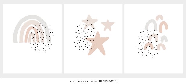 Cute Nursery Arts Set with Hand Drawn Stars, Rainbow, Arcs  and Black Irregular Spots Isolated on a White Background. Infantile Style Print ideal for Card, Wall Art, Poster, Kids Room Decoration.