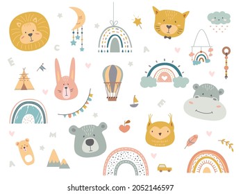 Cute nursery baby elements. Art animal, rainbow abstract elements. Hand drawn european boho design, cartoon bear leo. Scandinavian classy vector set