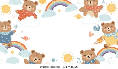 Diseño lindo del fondo del vivero que presenta osos marrones felices que llevan las bufandas coloridas con los arcoíris y los soles sonrientes en el fondo blanco.